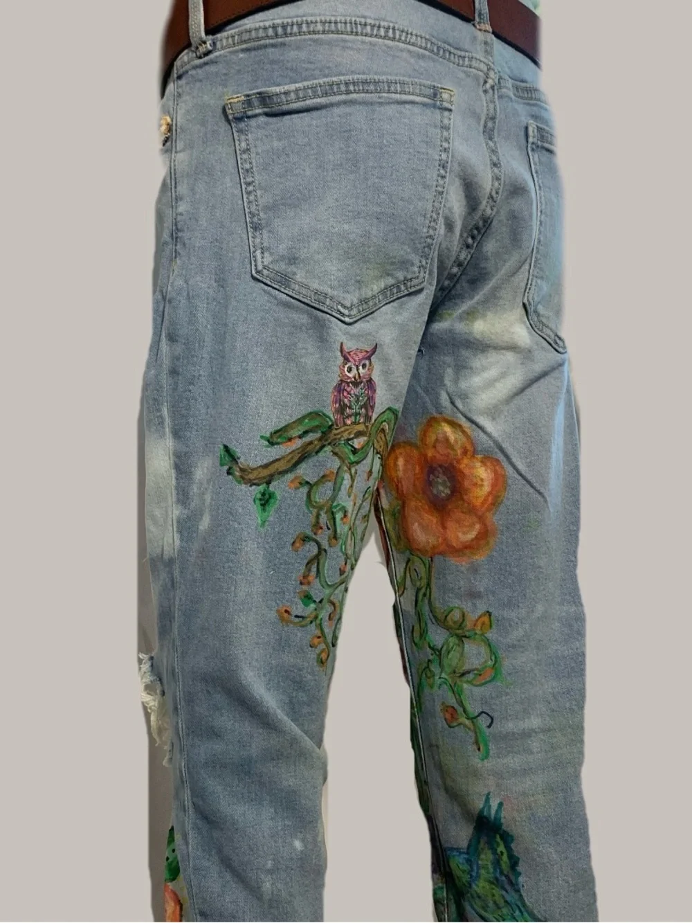 Hand-Painted Floral Light Wash Women's Jeans - Pink & Orange Accents - Picture 8 of 12